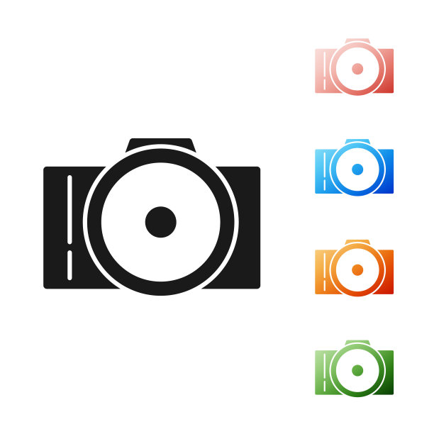 黑色照片相机图标孤立在白色背景。与相机图标。设置图标丰富多彩。矢量图图片下载