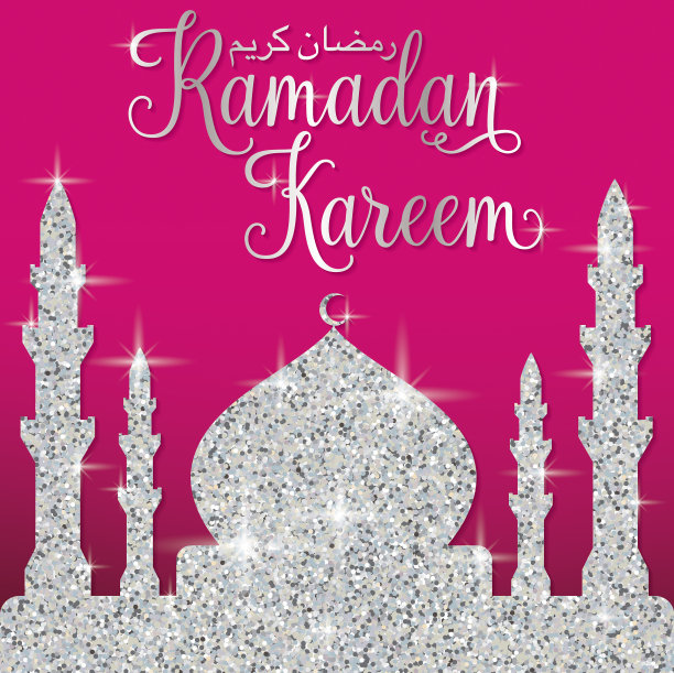 金银丝闪光清真寺斋月卡里姆(慷慨的斋月)矢量格式卡片。图片下载