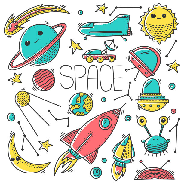 空间和宇宙，矢量概念涂鸦风格。手绘插图印刷在t恤，明信片上。图片下载