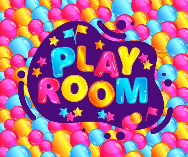 游戏室横幅的乐趣儿童游戏区，可爱的文字贴纸与五彩缤纷的泡沫背景图片下载