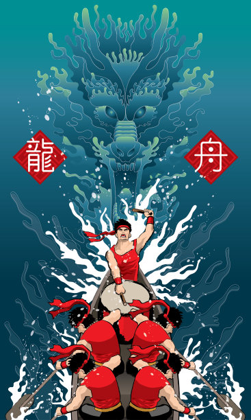 矢量精力充沛的男子划船与龙的背景。素材图片
