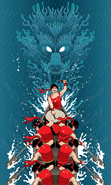 矢男精力充沛的赛艇，以龙和雨为背景。素材图片