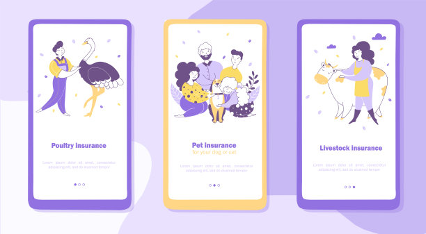 宠物和牲畜保险手机应用程序上的屏幕模板集图片下载