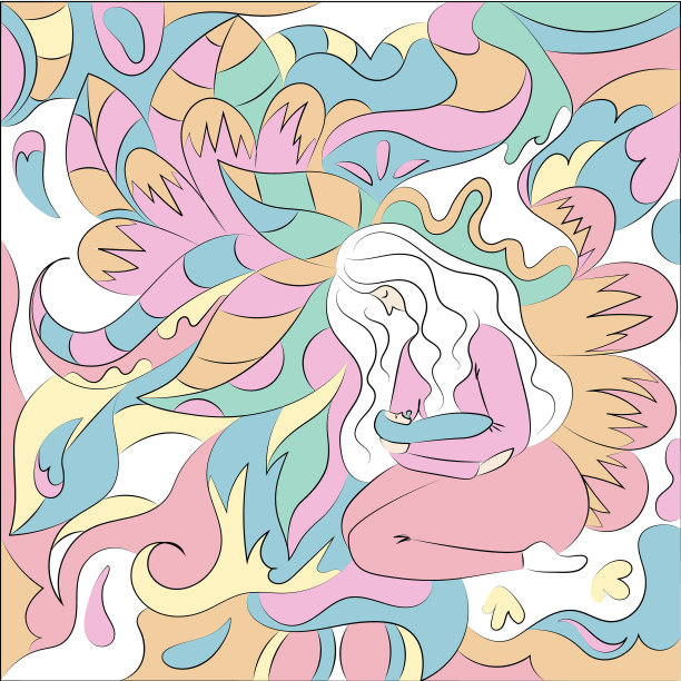 抽象插图，色彩细腻。年轻的母亲抱着一个婴儿，抽象的图案和线条。图片下载