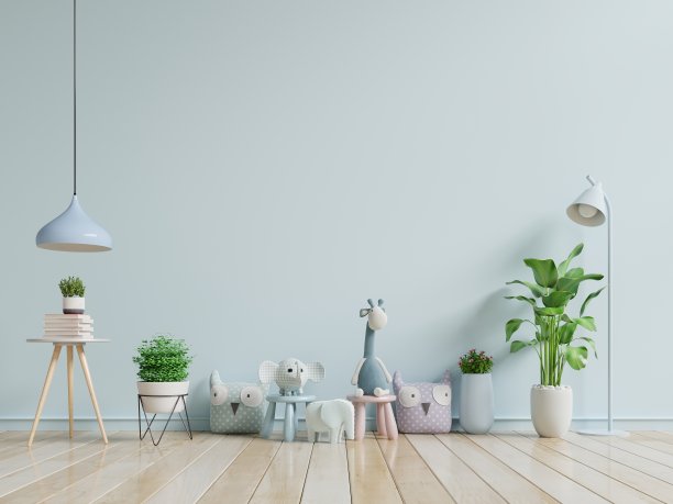 孩子们的房间有明亮的蓝色墙壁。图片下载