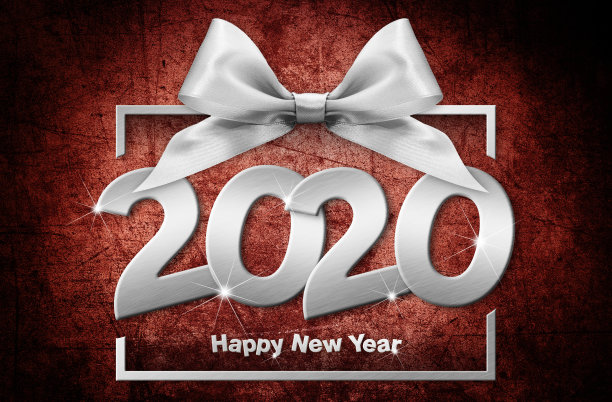2020年新年快乐数字文本框框架与银色丝带弓孤立在红色闪亮的背景图片下载