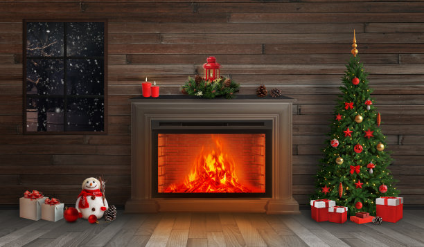圣诞节的晚上。装饰壁炉和圣诞树。以下是礼物。图片下载