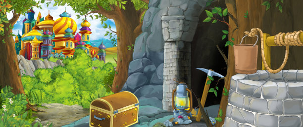 卡通场景在森林与隐藏的入口，以旧矿山和城堡王国为背景图片下载