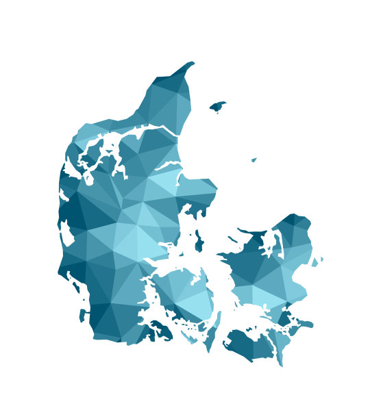 矢量孤立插图图标与简化的蓝色剪影丹麦地图。多边形几何样式，三角形形状。白色背景图片下载