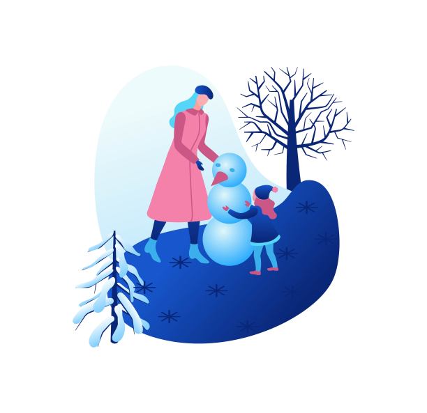 妈妈和女儿堆雪人，冬天等高线人设置，快乐的孩子，三维矢量运动家庭玩，户外雪游戏，简单的卡通人物，图片下载