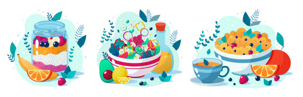 一套四个美丽的健康食物矢量插图:浆果冰沙，蔬菜沙拉，奇亚种子布丁，燕麦杯茶。图片下载