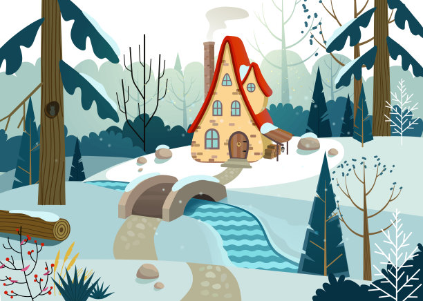 冬天的森林，有房子和河上的桥。房子被树和雪包围着。平面向量插图。图片下载