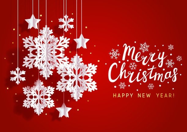 用白纸、雪花和红星作背景的圣诞贺卡图片下载