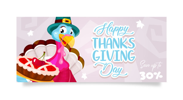 感恩节快乐平面海报矢量模板。秋天的节日折扣。朝圣者火鸡与樱桃派隔离卡通人物。横幅，小册子，传单设计布局与文字的地方图片下载