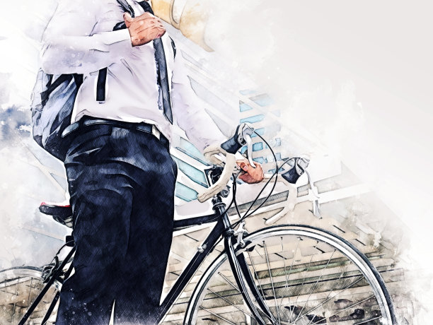 商人工人骑着自行车走在首都的步行街上，以水彩插画为背景。图片下载