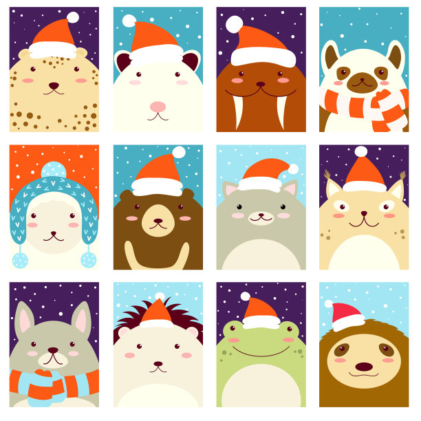 一套圣诞礼物标签，卡片，徽章，贴纸与可爱的动物图片下载