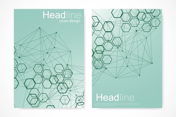 商业模板小册子，杂志，传单，传单，封面，小册子，年度报告。医学、技术、化学的科学概念。六角形的分子结构。Dna,原子,神经元图片下载