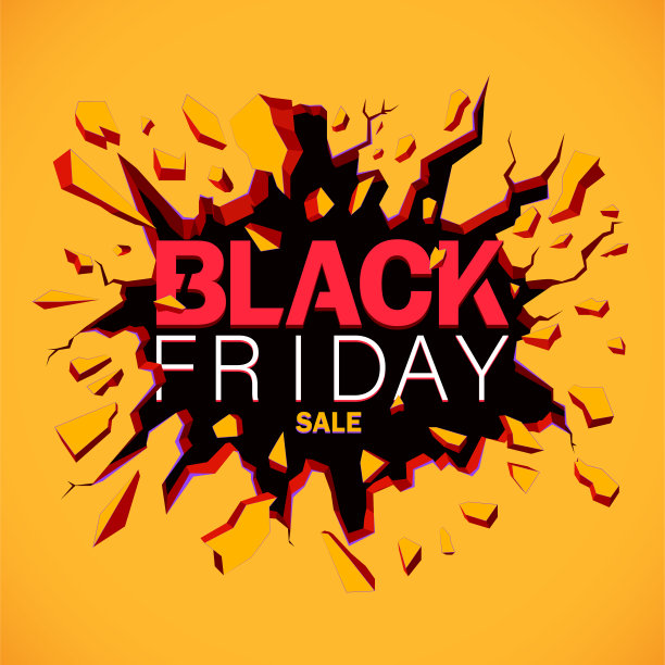 “黑色星期五”的横幅。墙爆炸。黑墙上的裂缝。图片下载