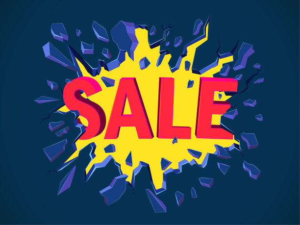 销售旗帜。墙爆炸。蓝色的墙上有黄色的裂缝。图片下载