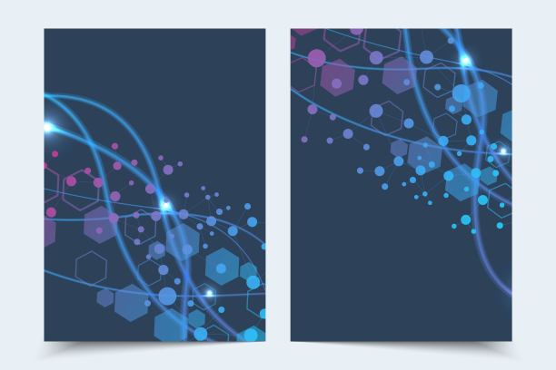 矢量模板的小册子杂志传单传单封面小册子年度报告。现代未来的六角形粒子，分子结构，用于医学，技术，化学，科学。图片下载