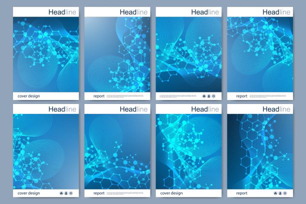 科学的宣传册设计模板。矢量传单布局，分子结构与连接线和点。科学图案原子DNA与元素为杂志，传单，封面，海报设计图片下载