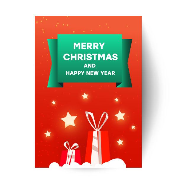 圣诞贺卡模板与圣诞元素。美丽的红色惊喜礼品盒，星空和铭文上的红色素色背景图片下载