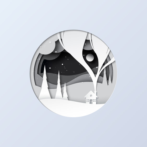 白色的剪纸房子在黑暗的夜晚与圣诞和冬天的概念剪纸风格图片下载
