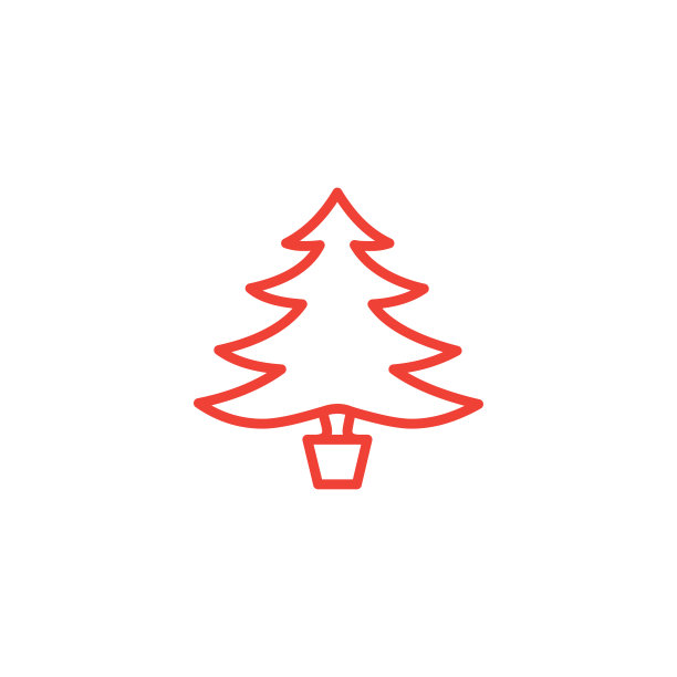 圣诞树线红色图标在白色的背景。红色平坦风格矢量插图。图片下载