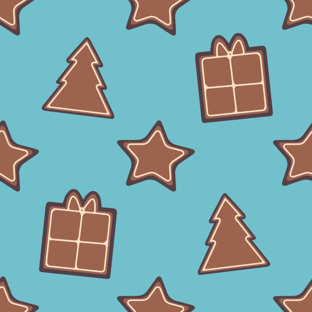 可爱的棕色圣诞姜饼饼干形状的无缝图案，圣诞树和礼物盒在蓝色的背景图片下载