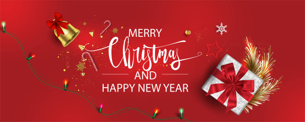 水平圣诞和快乐新年横幅圣诞闪闪发光的灯花环与礼物盒贺卡，头，网站对象从上面观看。平铺，顶视图元素的推广隔离图片下载