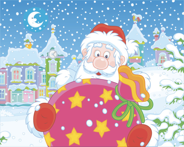 圣诞老人带着礼物在一个下雪的冬天的晚上图片下载