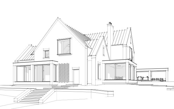 池塘上现代熟料房的3d渲染，白色背景上有水池黑线图片下载