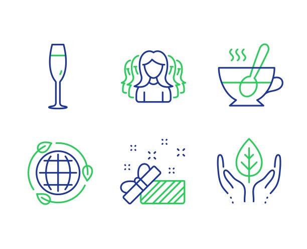 生态能源，香槟玻璃和妇女组图标集。现在，茶杯和公平贸易标志。向量图片下载