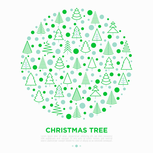 概念在圆形形状与不同的圣诞树。极简的简单细线图标。矢量插图贺卡，圣诞节和新年装饰。图片下载