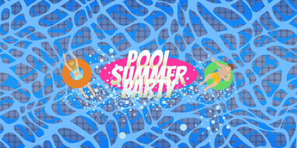 池夏日派对。人们在蓝色的水里游泳。说明背景。图片下载