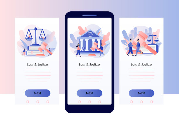 法律与正义的概念。正义的天平，法官的大楼，法官的木槌。最高法院。手机智能手机屏幕模板。现代平面卡通风格。矢量图图片下载