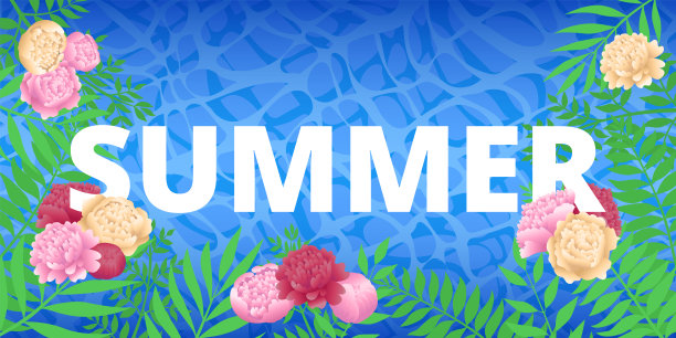 题词夏天的背景蓝色的水的大海。周围是棕榈树的花和叶子。框架设计。图片下载