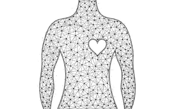 人与心符号低多边形设计，人体健康抽象几何艺术，线框网格多边形矢量插图从点和白色的背景线图片下载