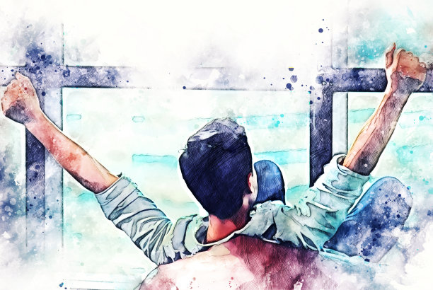 创造性的人放松和快乐的工作，工作成功的办公室在水彩插图绘画的背景。图片下载