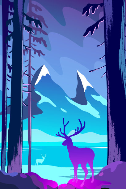 美丽的冬季景观平面设计理念。鹿站在森林中，以群山为背景。野生自然矢量插图。图片下载