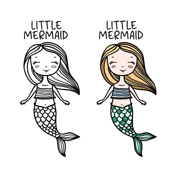 手绘小美人鱼涂鸦艺术矢量复古插画图片下载