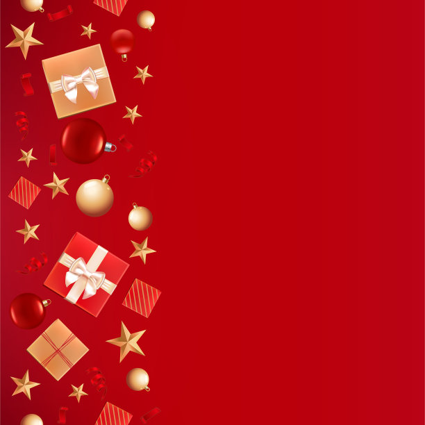圣诞背景贺卡。模板为传单，海报，晚餐邀请，横幅为促销。插图与圣诞球，星星，礼品盒和文字的地方。红色的背景图片下载