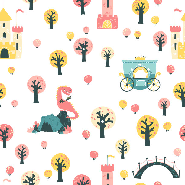 童话无缝模式。矢量儿童插图的公主城堡在森林与皇冠和龙洞在卡通斯堪的那维亚风格。理想的婴儿女孩纺织品图片下载