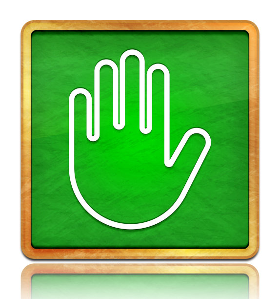 停止手图标粉笔板绿色方形按钮石板纹理木制框架概念孤立在白色背景与阴影反射图片下载