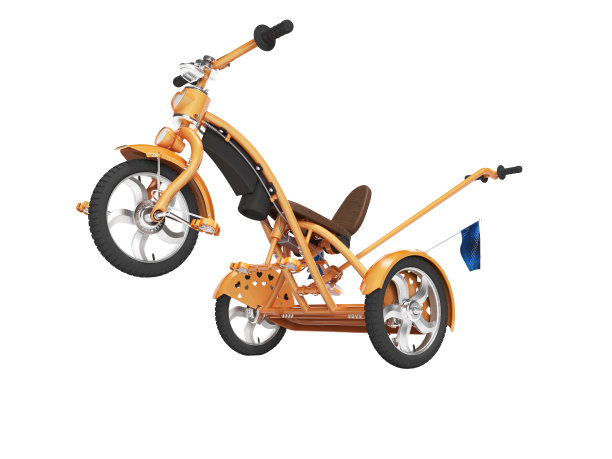 概念橙色儿童三轮车与提升前轮3d渲染在白色背景上没有阴影图片下载