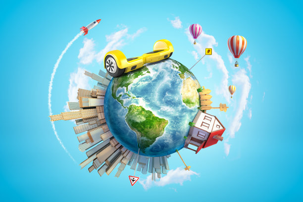 3D渲染：蓝天下的地球，有房屋、城市和平衡车图片下载