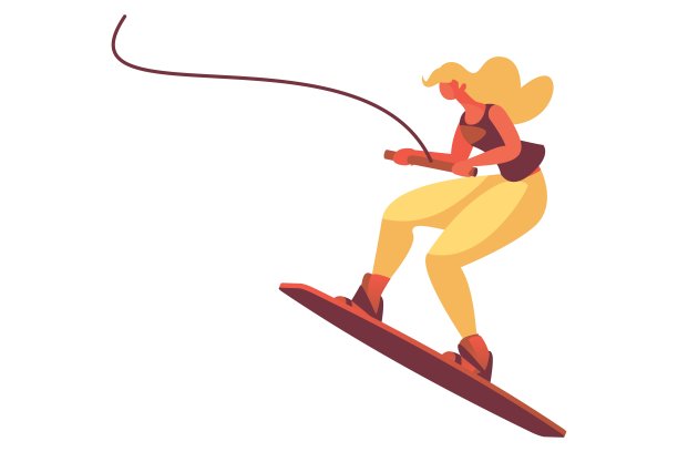 船上有个年轻女子被隔离在白人船上。矢量概念插图很好，在海上和湖泊的尾流板旅行和水上活动。扁平的现代人物在动态姿态。图片下载