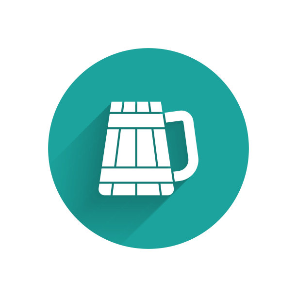 白色木制啤酒杯图标孤立与长影子。绿色圆圈按钮。矢量图图片下载