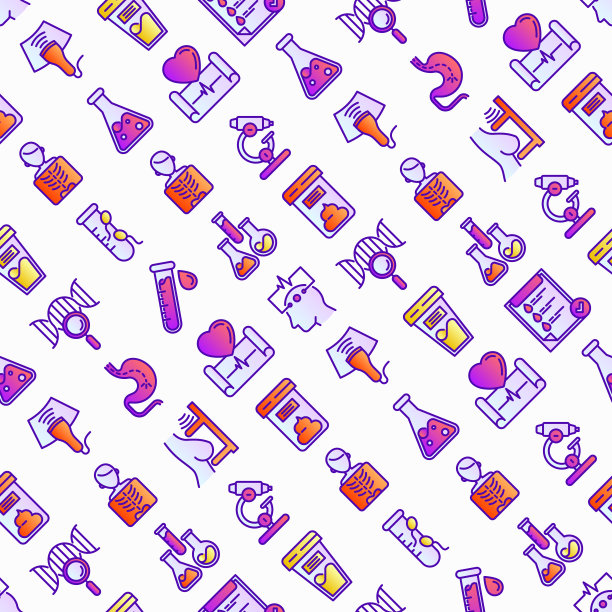 医学分析用细线图标无缝模式:血检、尿检、大便、心电图、乳房x光、精子、DNA、超声波、脑电图、x光、胃镜。矢量插图实验室网页。图片下载