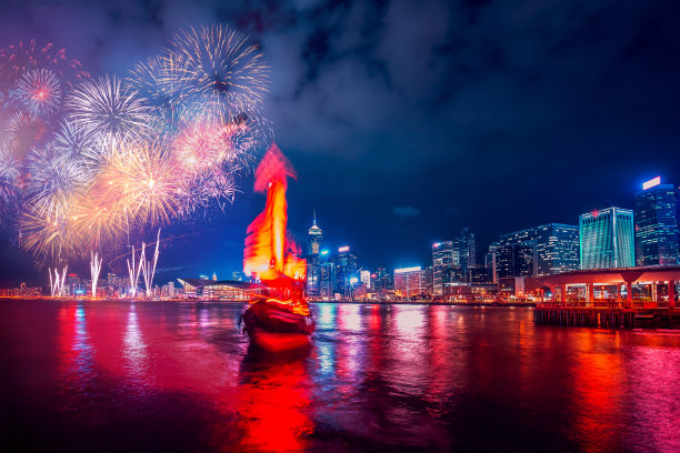 香港维多利亚港烟花表演图片下载